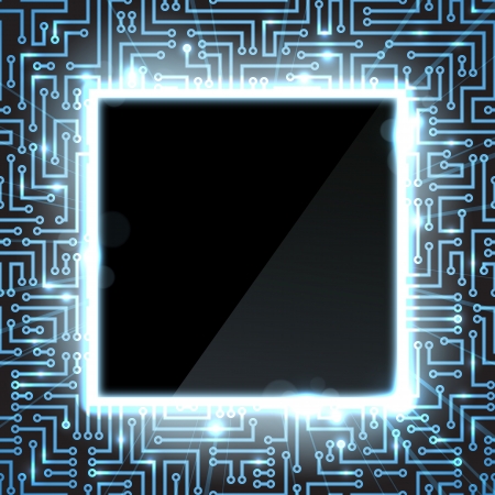 Computer technology background with semiconductor tracks and digital signals shown as blue sparklesのイラスト素材