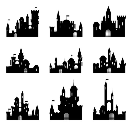 Set of black medieval castle silhouettes. Vector illustration.のイラスト素材