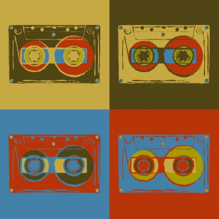 Set of colored disco cassettes with grungy contours. Vector image.のイラスト素材
