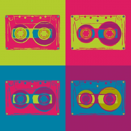 Set of colored disco cassettes with grungy contours. Vector image.のイラスト素材