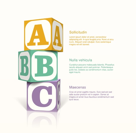 Tree cubes with letters on the sides on a vector background. Step by step conceptのイラスト素材