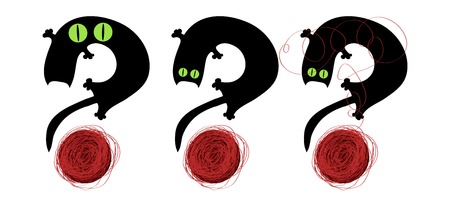 set of cats playing with a ball of yarn in a form of a question mark isolated on whiteのイラスト素材