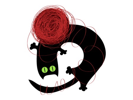 vector black cat playing with a ball of yarnのイラスト素材