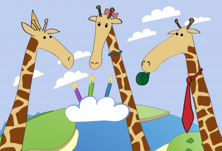 Vector birthday card with a family of giraffes eating a cloud as a cake.のイラスト素材