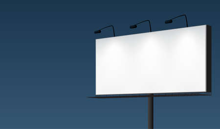 Dark night sky with a white brightly illuminated blank billboard. EPS10 realistic vector background.のイラスト素材