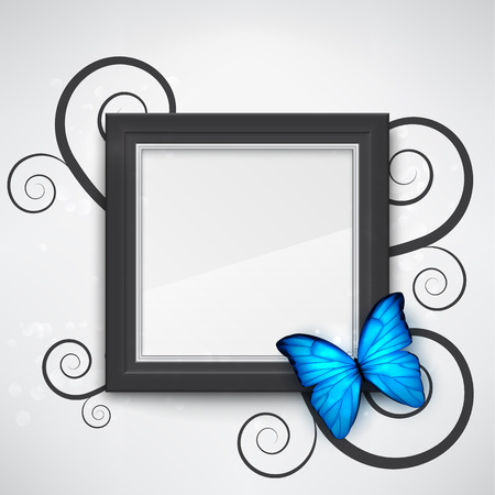 Dark empty frame on the wall with a bright blue butterfly on it. EPS10 vector background.のイラスト素材