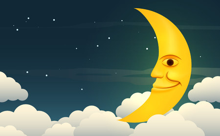 Illustration of a smiling moon in the starry night sky among the clouds. のイラスト素材