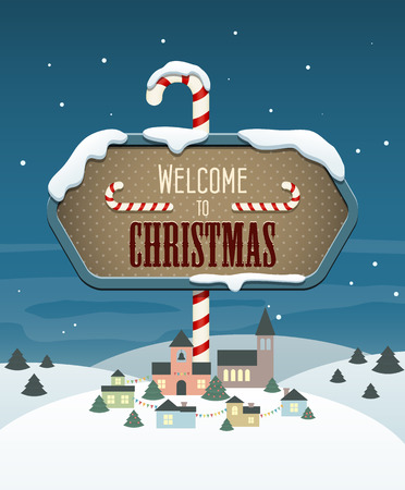 Welcome to Christmas banner hanging above a small town.のイラスト素材