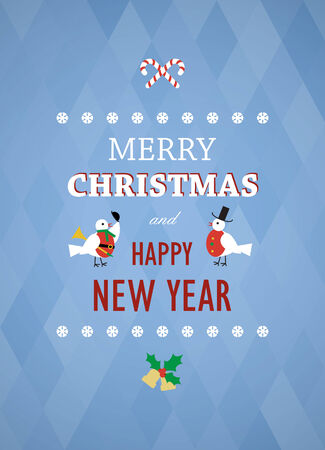 Merry Christmas and Happy New Year typography poster. Blue background, vintage elements. のイラスト素材