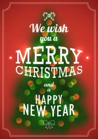 Merry Christmas and Happy New Year poster with a defocused fir tree and bokeh lights. のイラスト素材