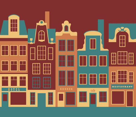 Row of amsterdam style old european narrow houses. Simple vector graphic.のイラスト素材