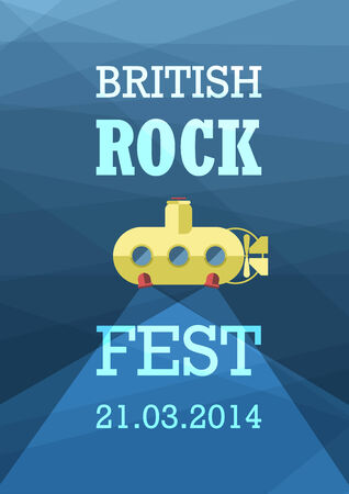 Flat design of a British Rock Festival poster. Yellow submarine on blue background. EPS10 vector image.のイラスト素材