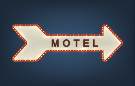 Arrow shaped motel roadsign with light bulbs on the contour on a night sky dark blue background. EPS10 vector.のイラスト素材