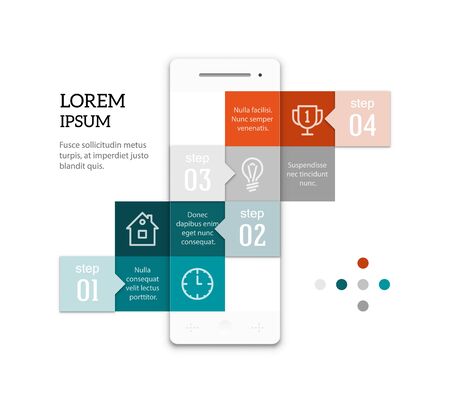 Abstract geometric smartphone infographic template. Ladder of squares with copyspaces. Sample text and icons. EPS10 vector image.のイラスト素材