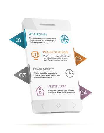 Realistic smartphone with infographic elements, copyspaces, sample headers and icons isolated on white. EPS10 vector image.のイラスト素材