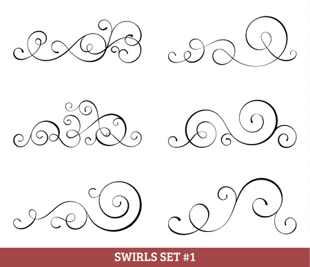 Set of six vector flourish swirls. Simple black contours on white.のイラスト素材
