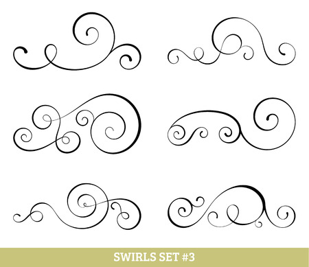 Set of six vector flourish swirls. Simple black contours on white.のイラスト素材