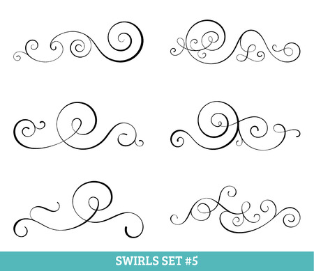 Set of six vector flourish swirls. Simple black contours on white.のイラスト素材