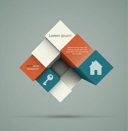 Abstract geometric background. Dynamic composition of cubes with copyspaces and content samples. EPS10 vector illustration.のイラスト素材