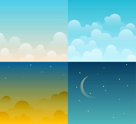 Set of four different bright cartoon vector sky backgrounds. Night, day, morning, sunset. EPS10 vector.のイラスト素材