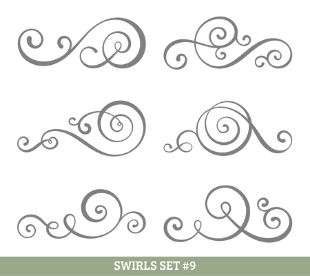 Set of six vector flourish swirls. Simple black contours on white.のイラスト素材