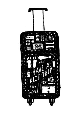 Black hand drawn sketchy outlines of a tourist bag with contours of its contents. Have a nice trip text. のイラスト素材