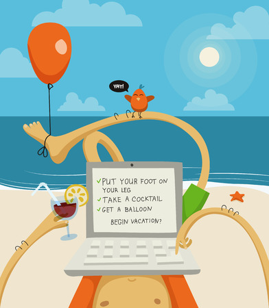 Funny cartoon illustration of a doodle man on vacation with a laptop on the beach. のイラスト素材