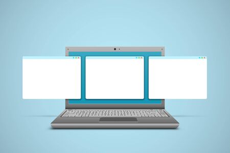 Realistic vector laptop with three blank windows hanging in front of its screen. 