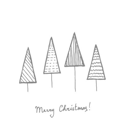 Christmas vector postcard with four doodle fir trees and a handwritten greeting.のイラスト素材