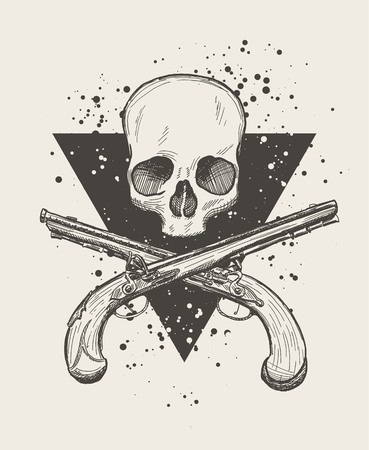 Hand drawn doodle skull with two crossing flintlock pistols. EPS10 vector drawing.のイラスト素材