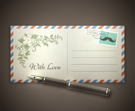 Old style blank envelope with a picture of flowers and a postal stamp lying on a desk with a vintage pen. のイラスト素材