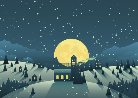 Night snowfall in a cute little mountain village. のイラスト素材