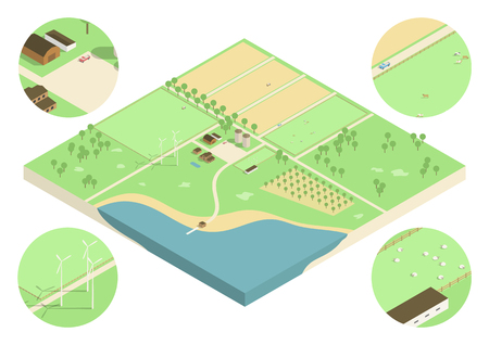 Isometric low detail illustration of a farmland with fields, flocks of sheep and trucks.のイラスト素材