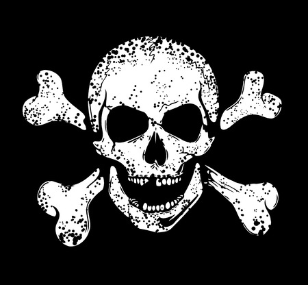Jolly Roger on black background. Human dead head with crossed bones.のイラスト素材