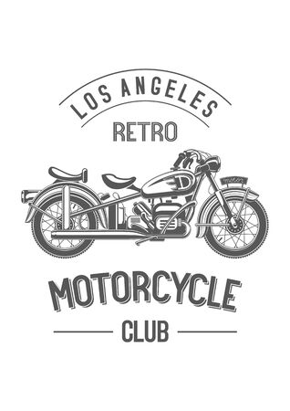 Retro motorcycle club logo. Monochrome black old bike isolated on white. Sample city and club names around the badge.のイラスト素材