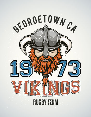 Cool and tough sports team vector logo with a brutal viking warrior with a horned helmet and a red beard. Sample text goes around the badge.のイラスト素材