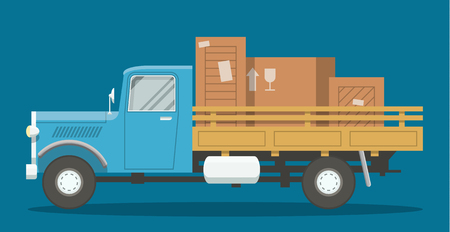 Flat old retro cargo truck loaded with boxes side view illustration. EPS10 vector image of a lorry.のイラスト素材