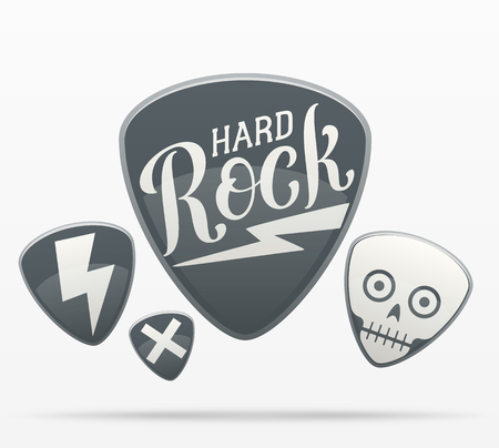 Set of guitar picks designs. One pick is decorated with a Hard Rock lettering, the other - with a stylized funky skull.のイラスト素材