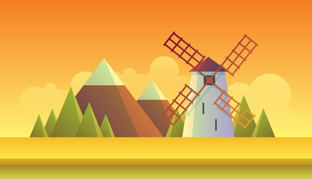 Sunset Windmill and Field isolated on orange background.のイラスト素材