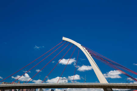 suspension bridge, and cables looks like the strings.の写真素材
