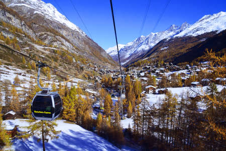 Zermatt city in the valley viewed from Matterhorn Express gondolaの写真素材