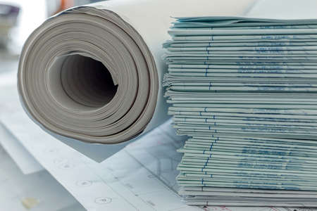 architecture drawing, blue print and white paper