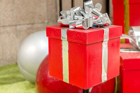 Red Christmas Gift Box With Silver Ribbonの写真素材