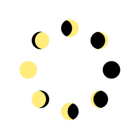 Moon phases moving in circle. Calendar lunar cycle. Waning and waxing Moon silhouettes. Round shapes of Luna celestial object isolated on white backgroundのイラスト素材