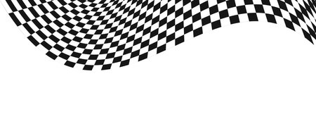 Waving race flag background. Motocross, rally, sport car or chess game competition wallpaper. Warped pattern with black and white squares. Checkered winding textureのイラスト素材