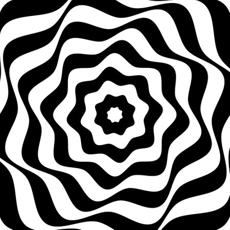 Black and white rotating flower shapes. Bloom pattern with vortex effect. Ortical illusion with floral theme. Twisty dynamic textureのイラスト素材