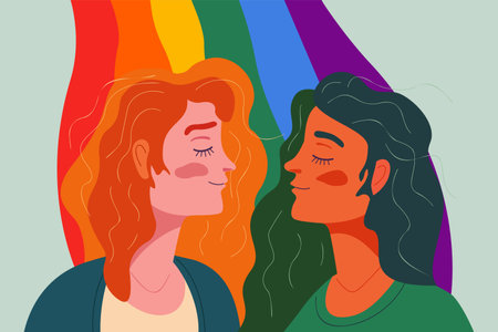 Lesbian couple with rainbow flag on background. Two girls reach out for each other to kiss. LGBT rights concept. Female lovers on pride paradeのイラスト素材