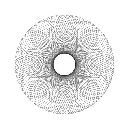 Concentric ornament texture. Harmonic symmetric wireframe element. Spirograph template. Round guilloche shape isolated on white backgroundのイラスト素材