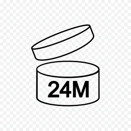 24m PAO icon. 24 months or 2 years period after opening sign. Thin line jar with open lid and number. Product freshness time. Cosmetic, shampoo, makeup validity markのイラスト素材