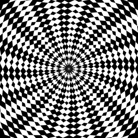 Black and white pattern with vortex pinwheel visual effect. Twisty dynamic kaleidoscope texture with rhombus. Spiral optical illusionのイラスト素材